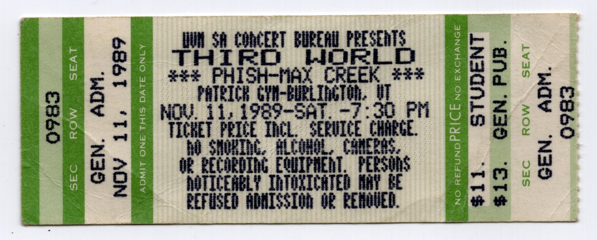 Ticket for 1989-11-11 at University Of Vermont