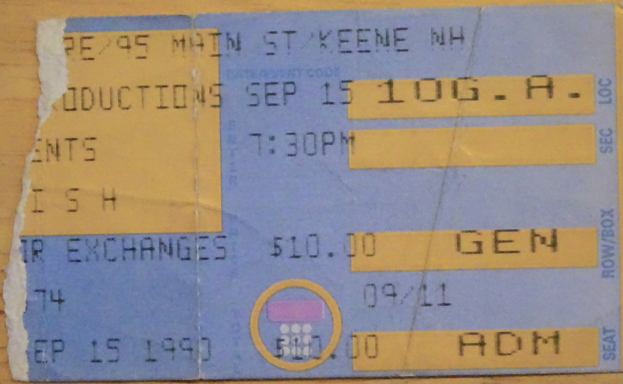 Ticket for 1990-09-15 at The Colonial Theatre