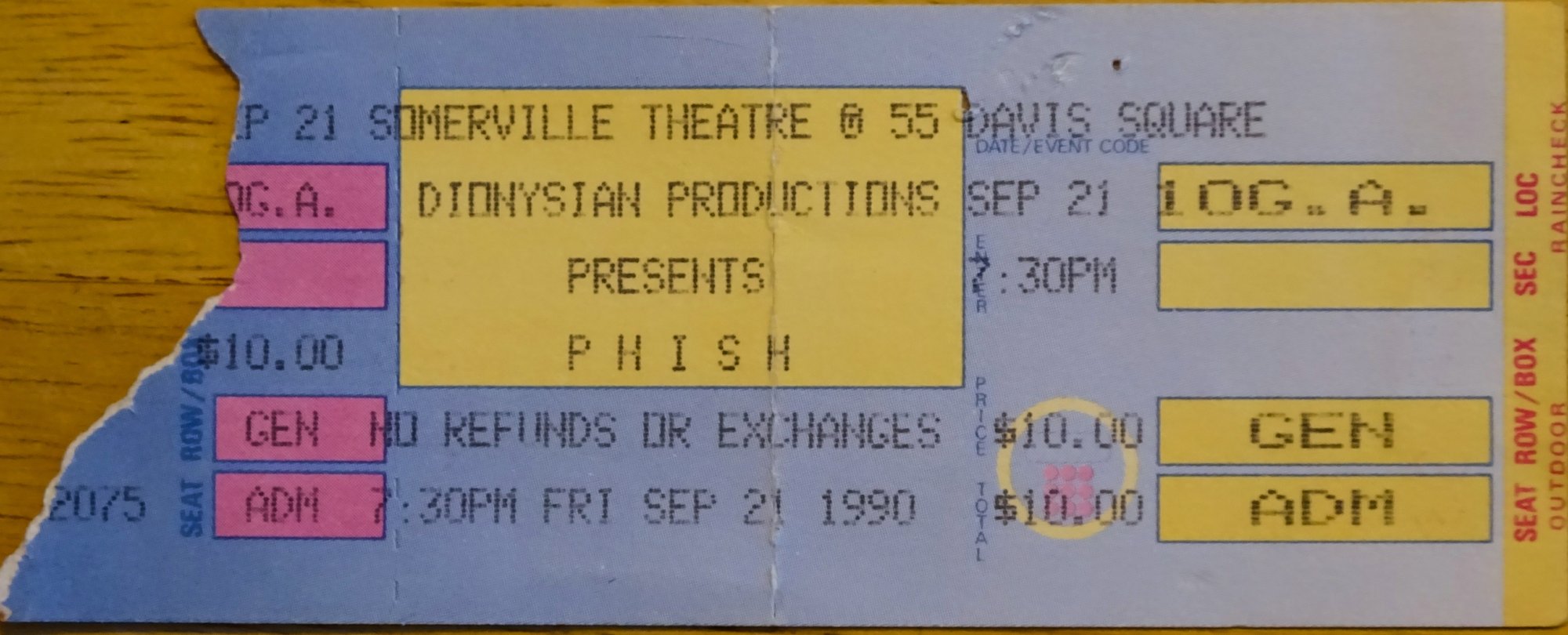 Ticket for 1990-09-21 at Somerville Theatre