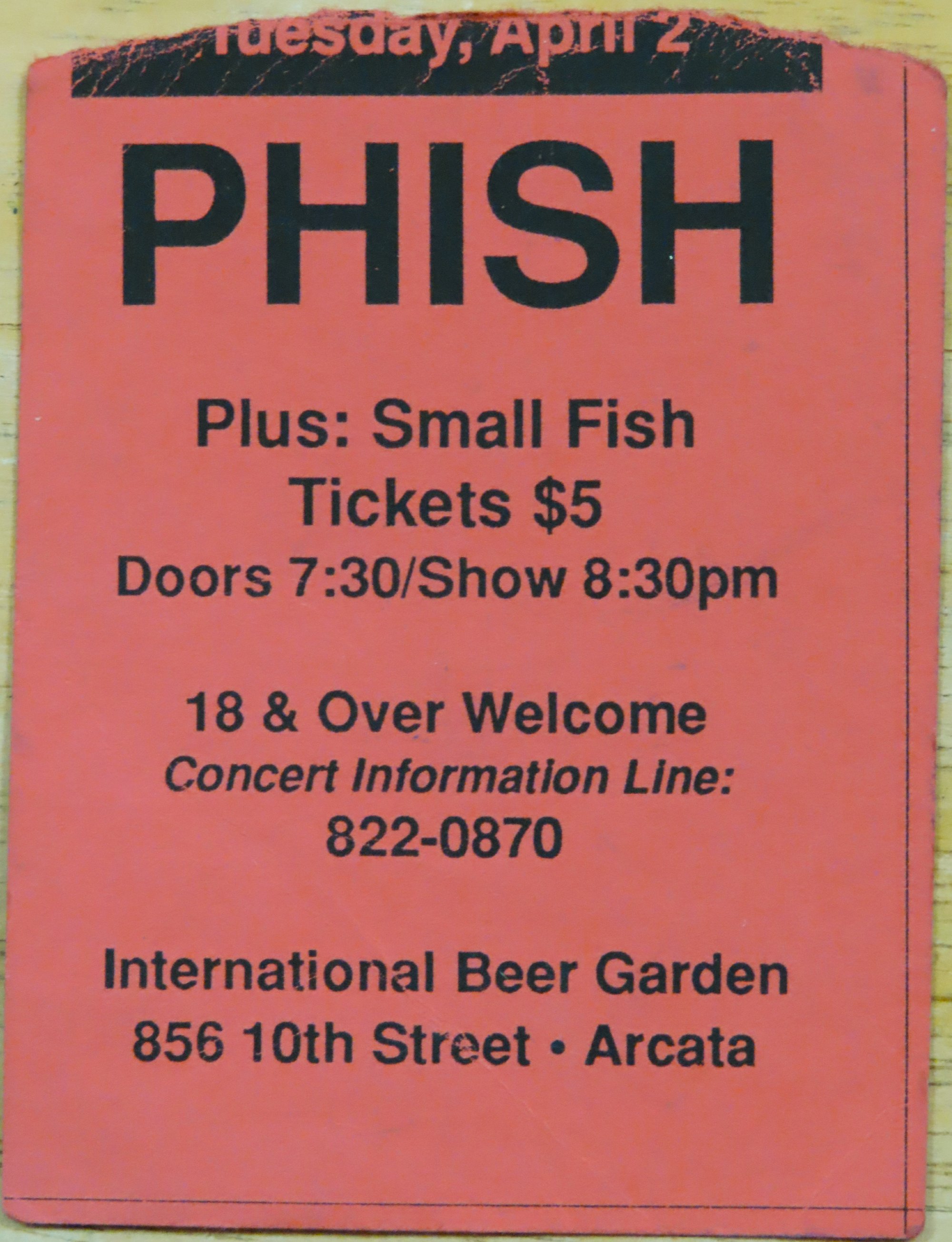 Ticket for 1991-04-02 at International Beer Garden