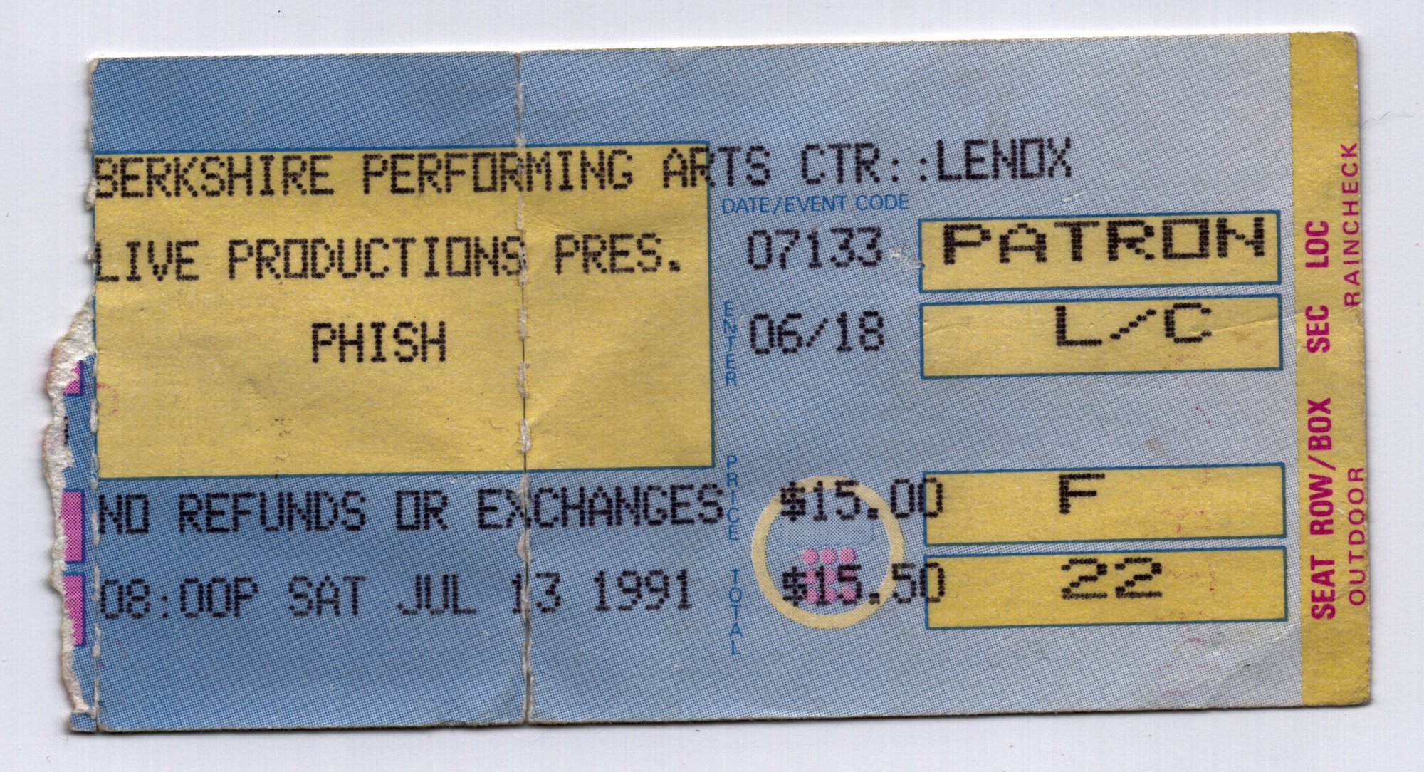 Ticket for 1991-07-13 at Berkshire Performing Arts Center