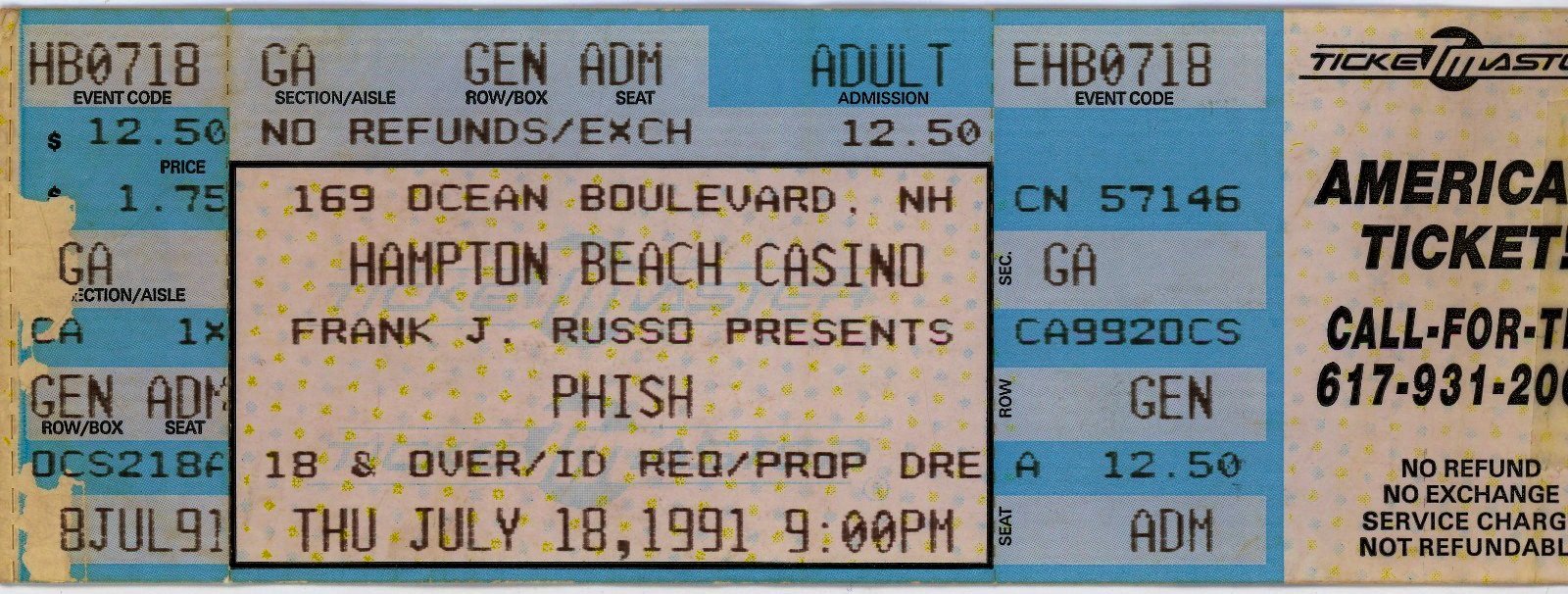 Ticket for 1991-07-18 at Hampton Casino Ballroom