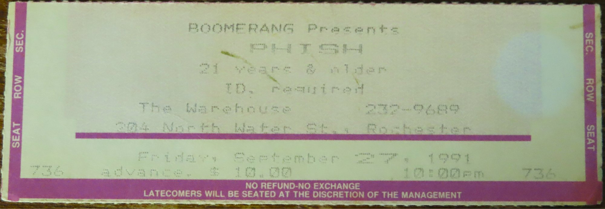 Ticket for 1991-09-27 at The Warehouse