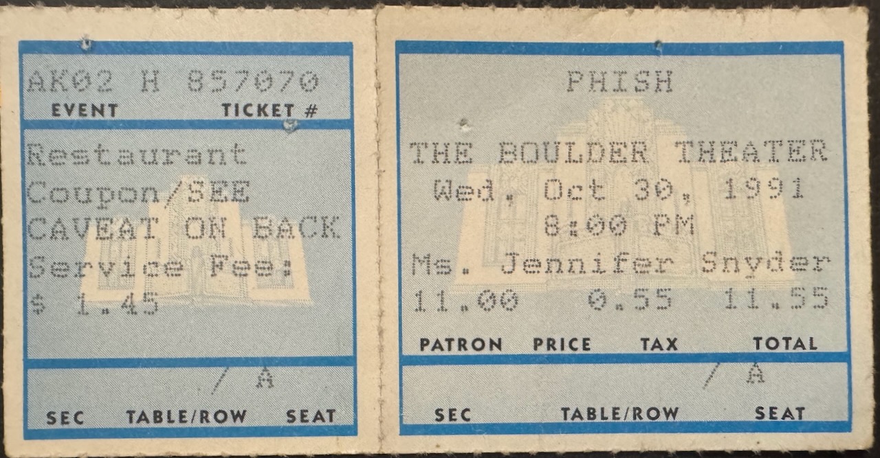 Ticket for 1991-10-30 at Boulder Theatre