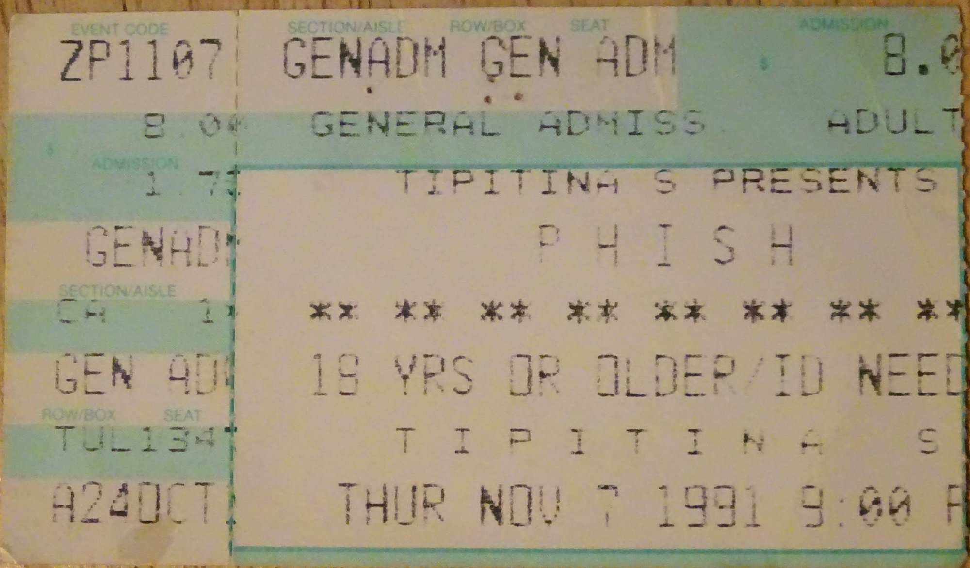 Ticket for 1991-11-07 at Tipitina's