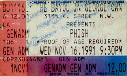 Ticket for 1991-11-16 at The Bayou