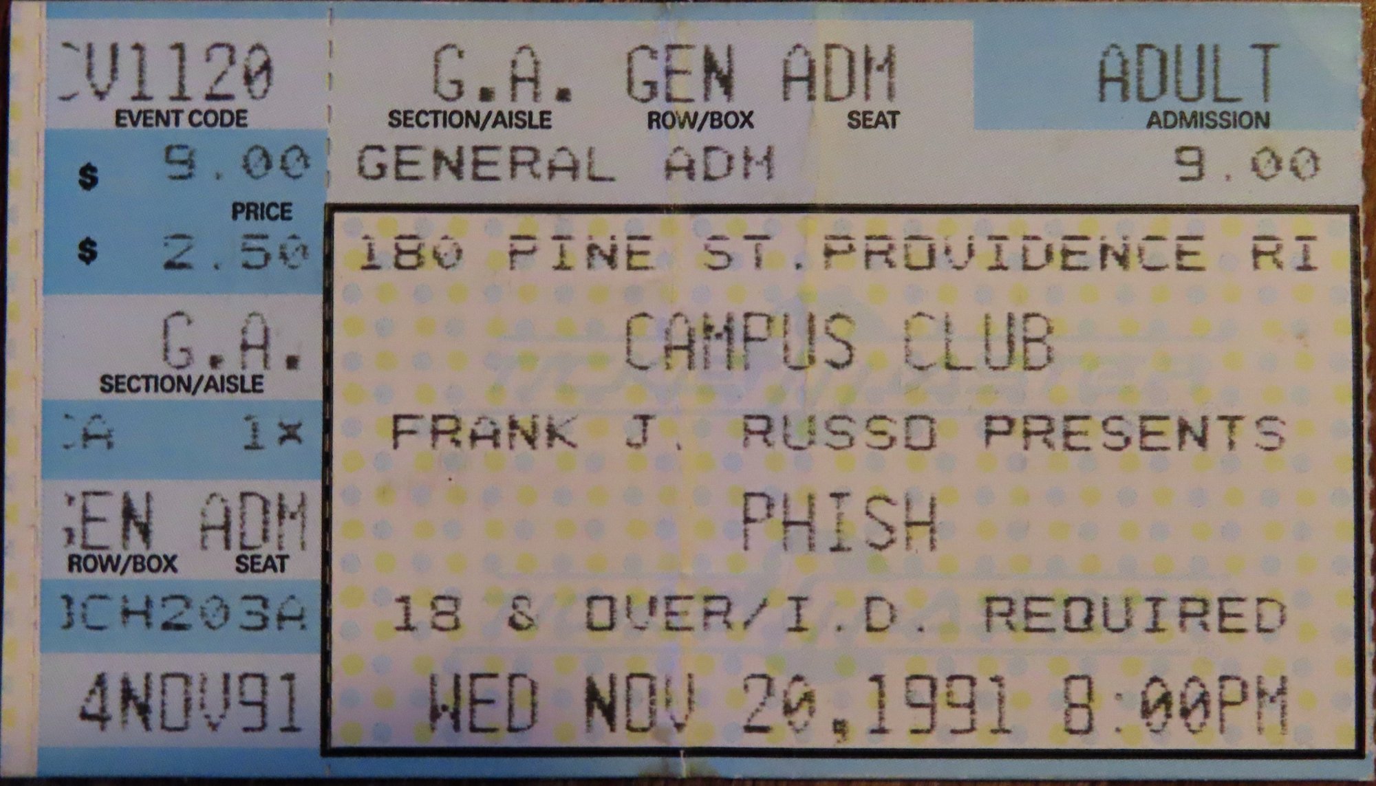 Ticket for 1991-11-20 at Campus Club