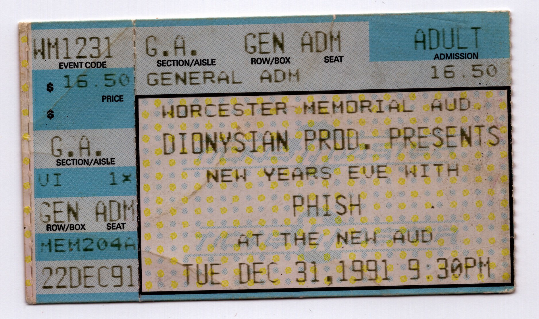 Ticket for 1991-12-31 at Worcester Memorial Auditorium
