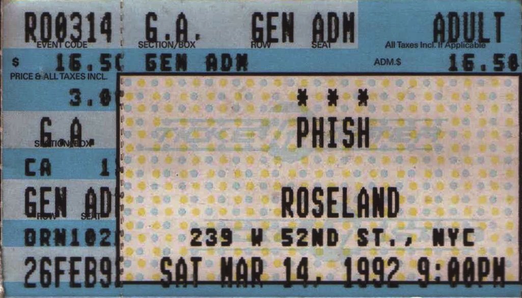 Ticket for 1992-03-14 at Roseland Ballroom