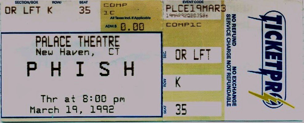 Ticket for 1992-03-19 at Palace Theatre