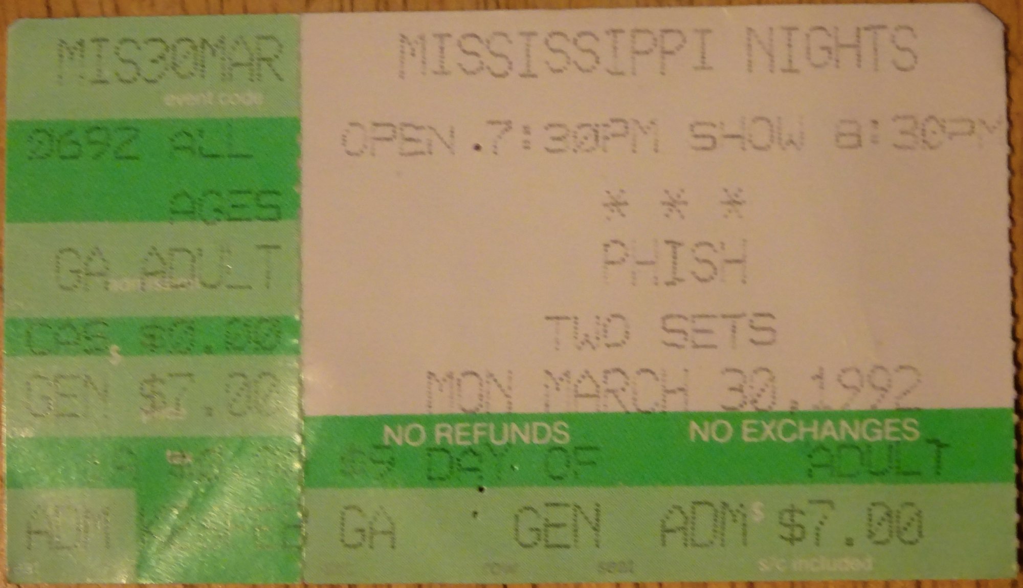 Ticket for 1992-03-30 at Mississippi Nights
