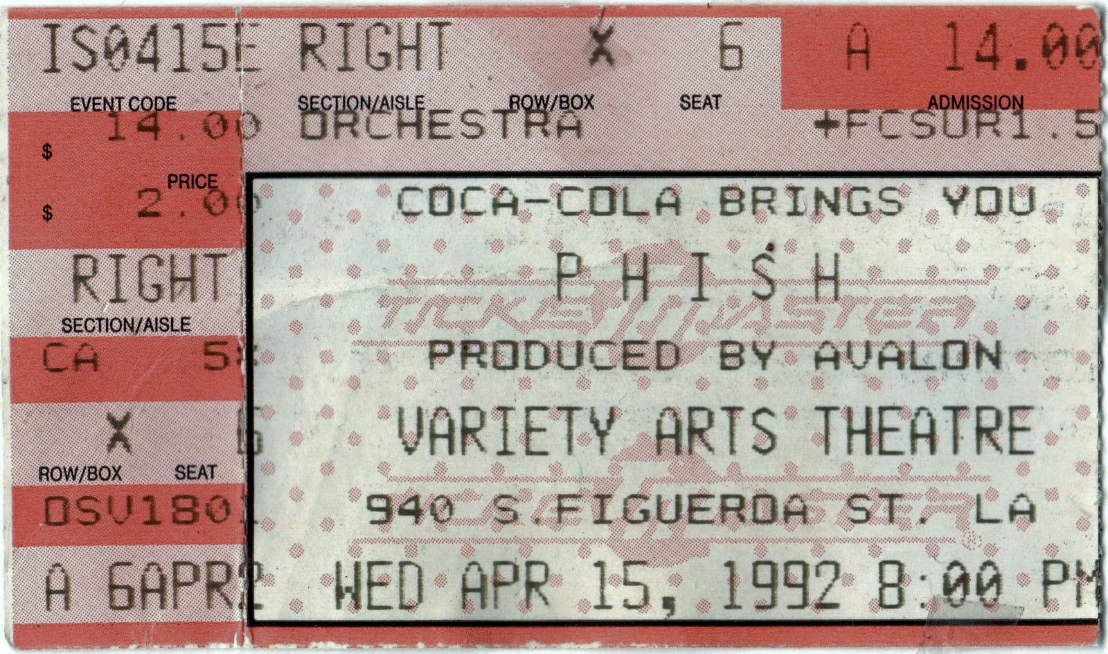 Ticket for 1992-04-15 at Variety Arts Center