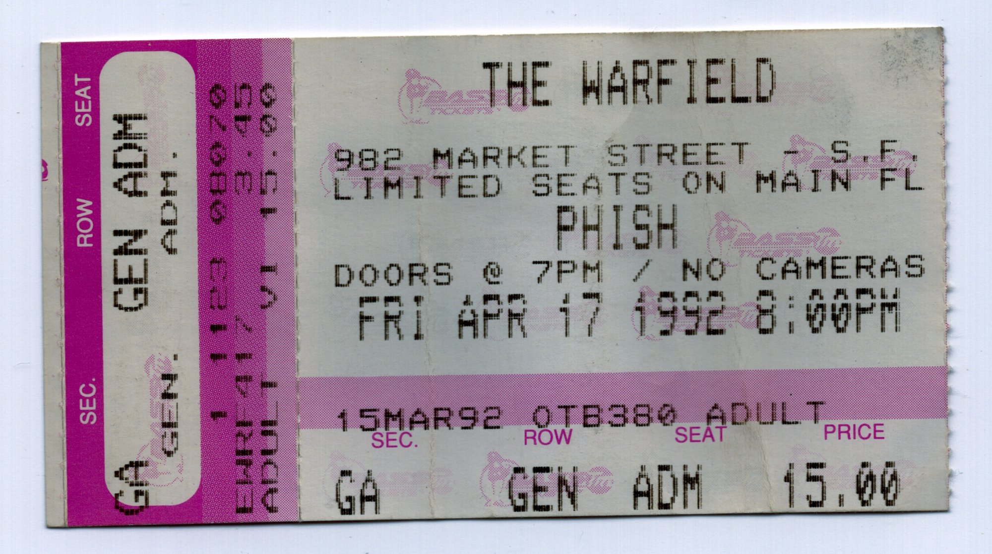 Ticket for 1992-04-17 at Warfield Theatre