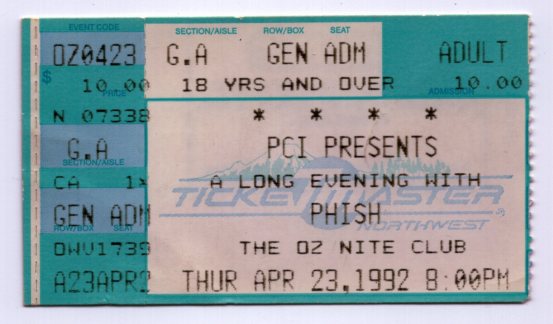 Ticket for 1992-04-23 at Oz Nightclub