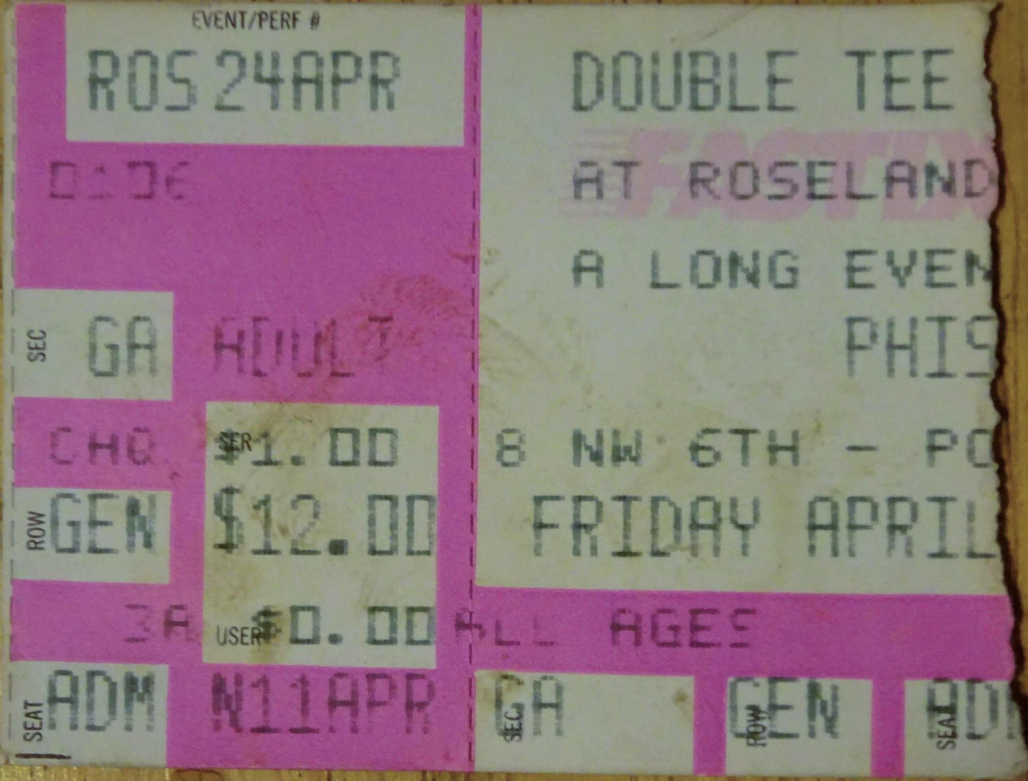 Ticket for 1992-04-24 at Roseland Theater