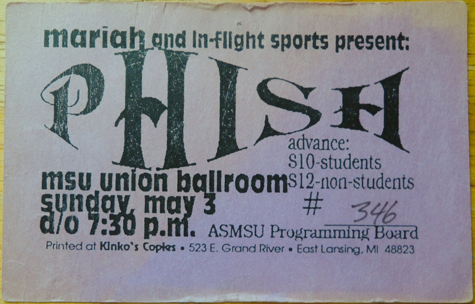Ticket for 1992-05-03 at Michigan State University Union Ballroom East