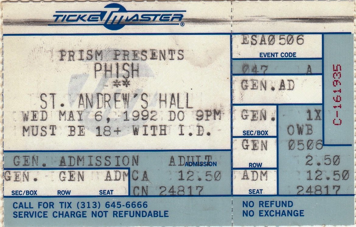 Ticket for 1992-05-06 at St. Andrew's Hall