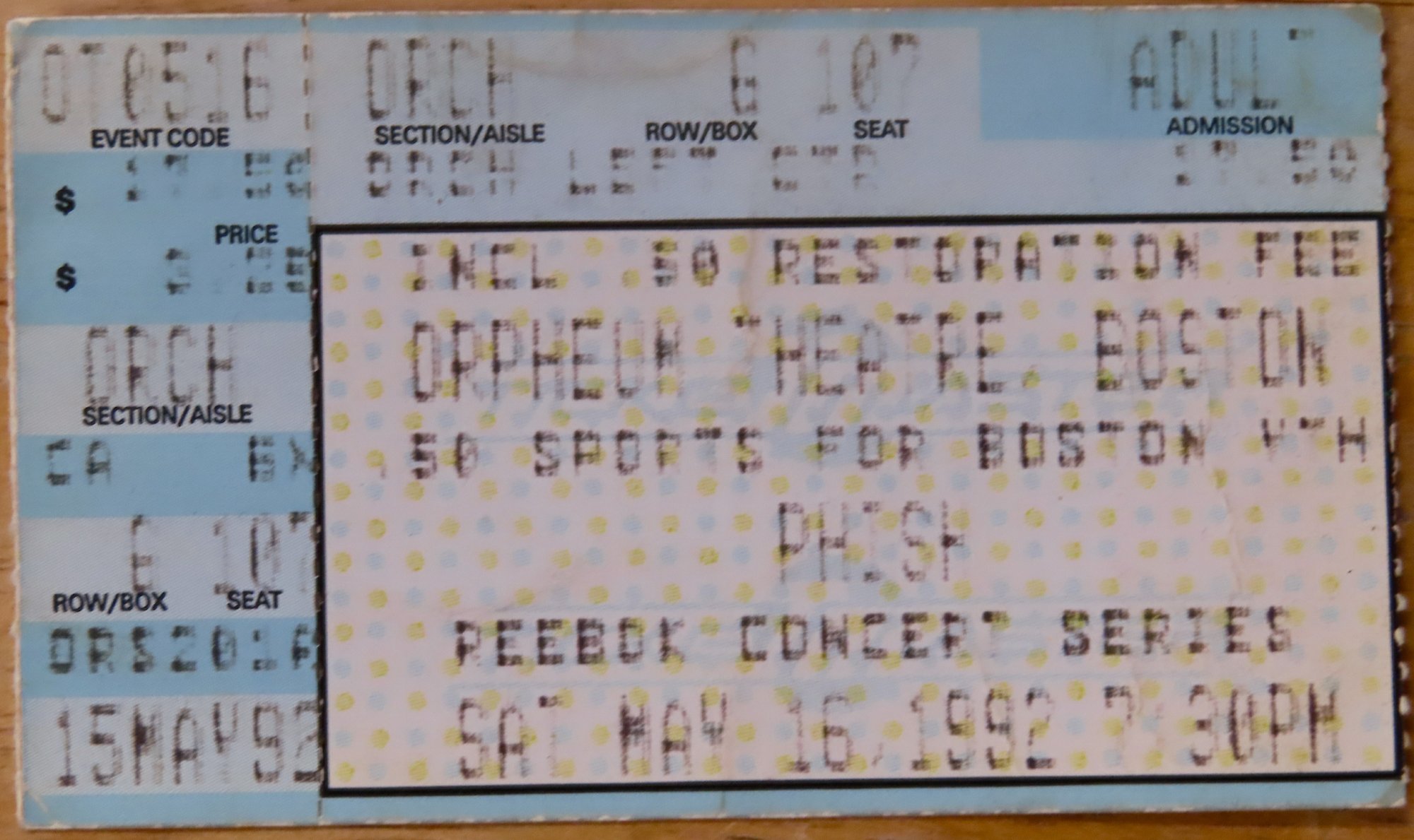 Ticket for 1992-05-16 at The Orpheum Theatre