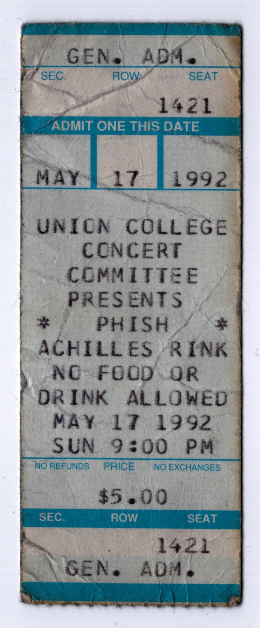Ticket for 1992-05-17 at Achilles Rink, Union College