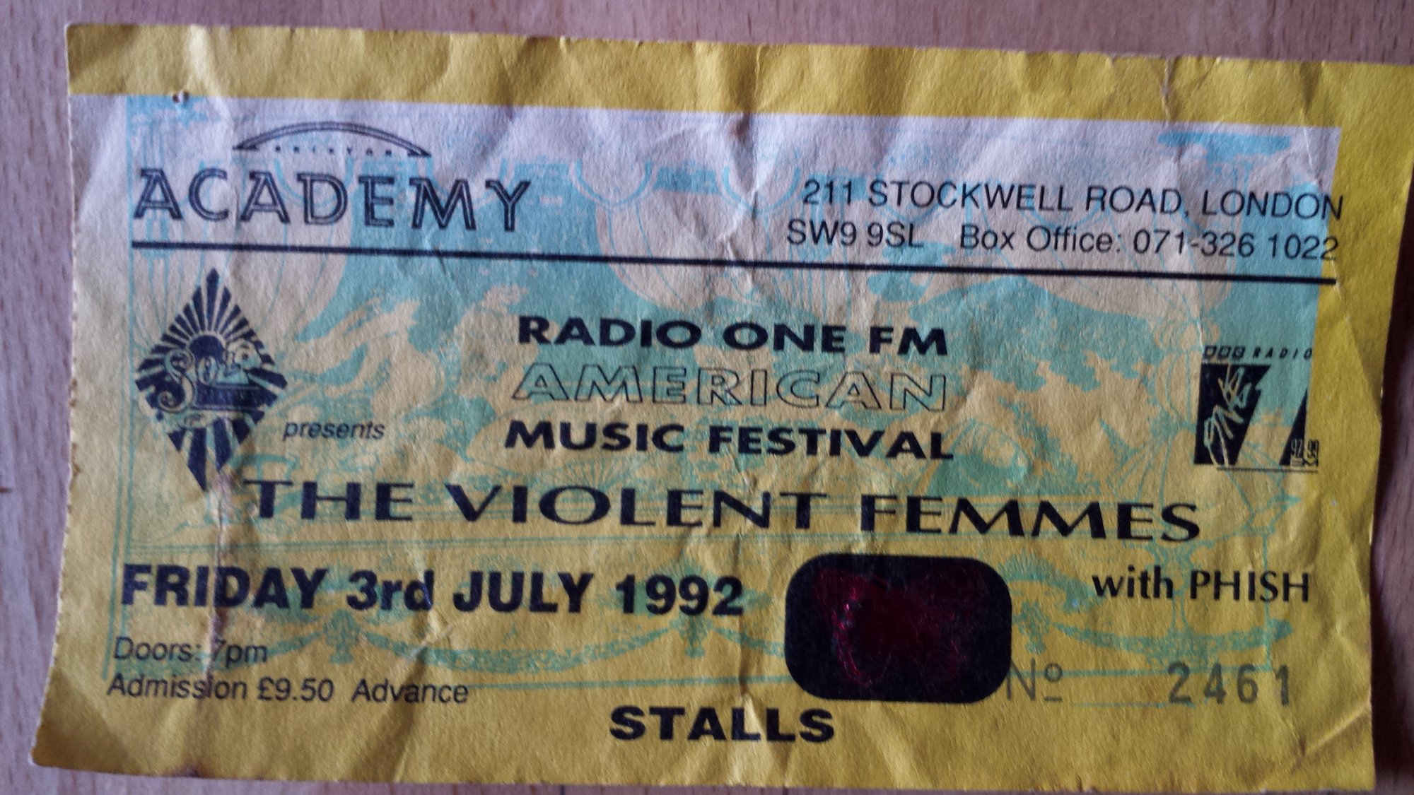 Ticket for 1992-07-03 at Brixton Academy