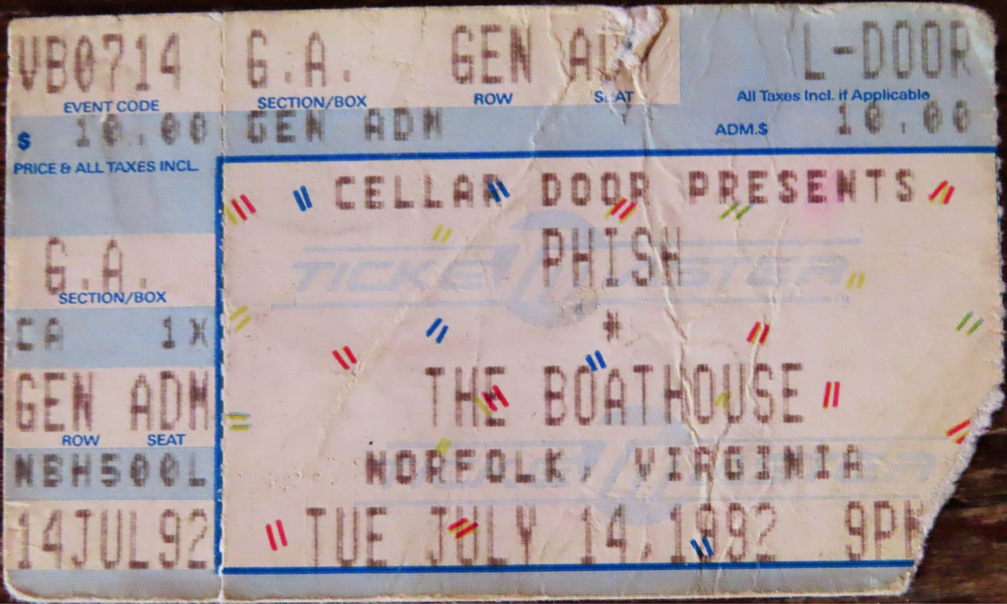 Ticket for 1992-07-14 at The Boathouse