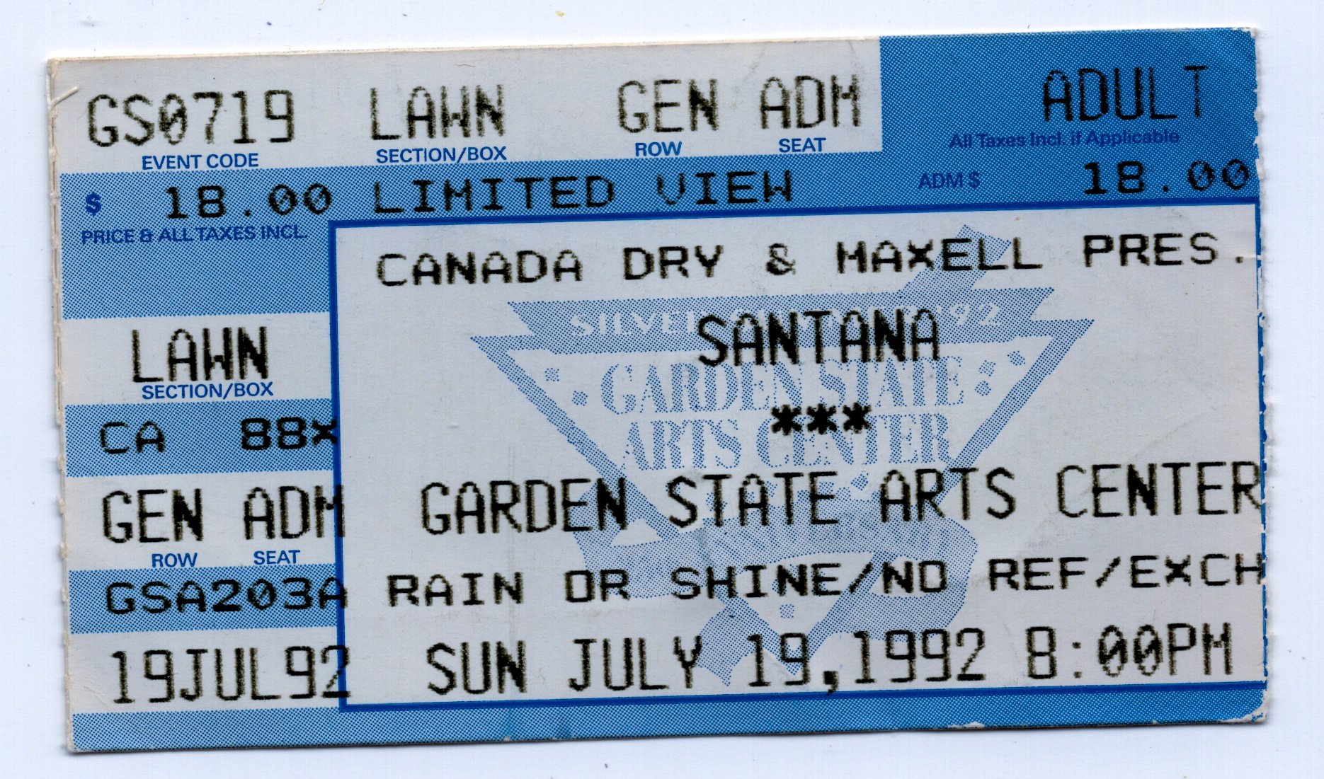 Ticket for 1992-07-19 at Garden State Arts Center