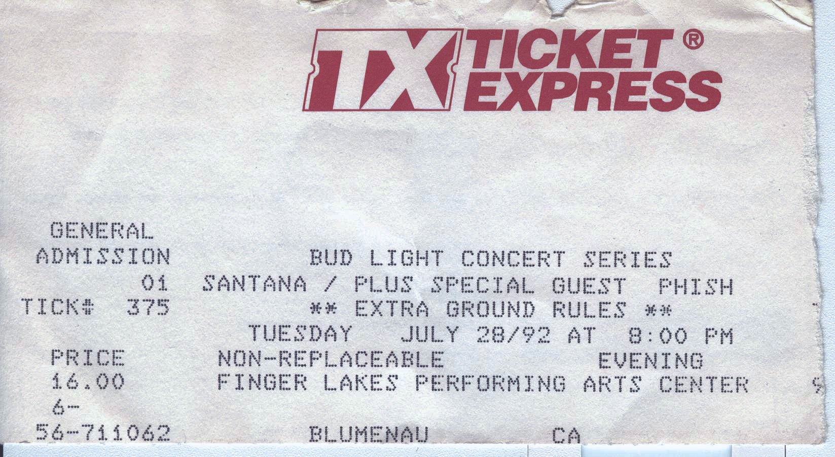 Ticket for 1992-07-28 at Finger Lakes Performing Arts Center