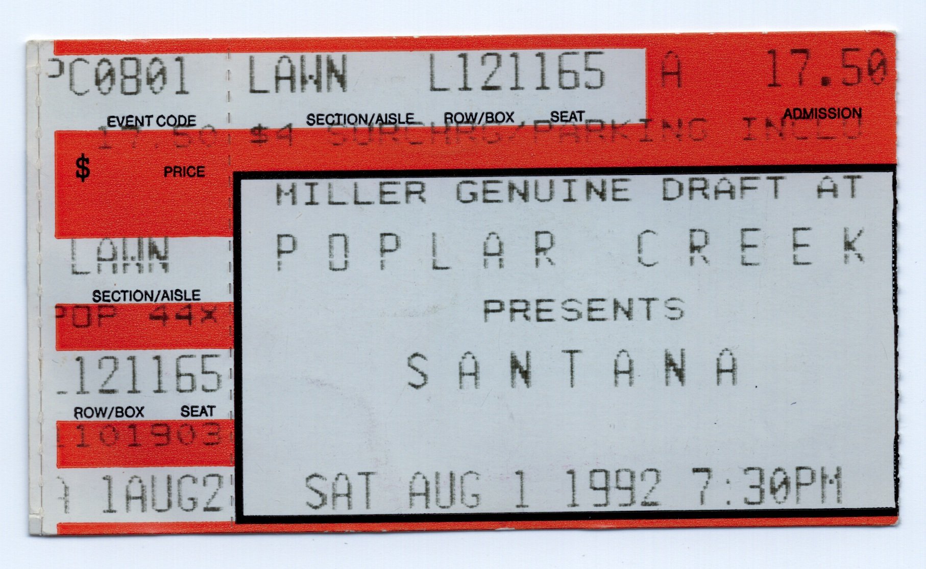 Ticket for 1992-08-01 at Poplar Creek