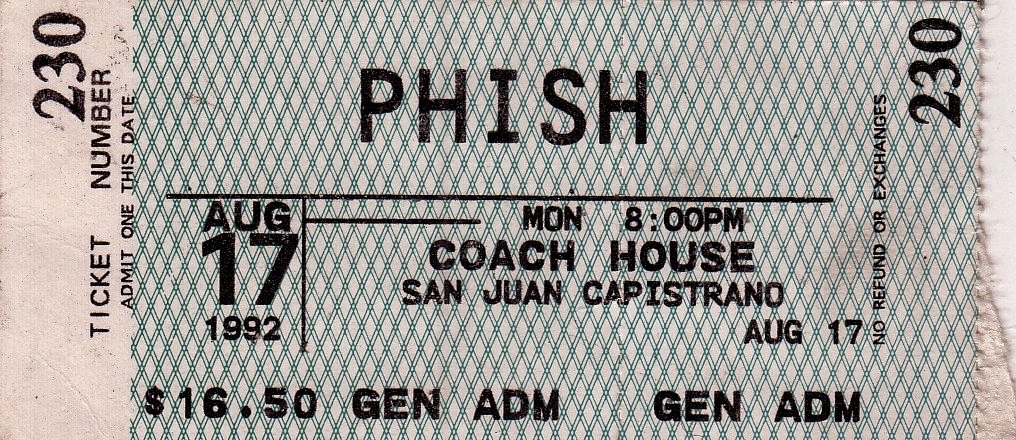 Ticket for 1992-08-17 at The Coach House