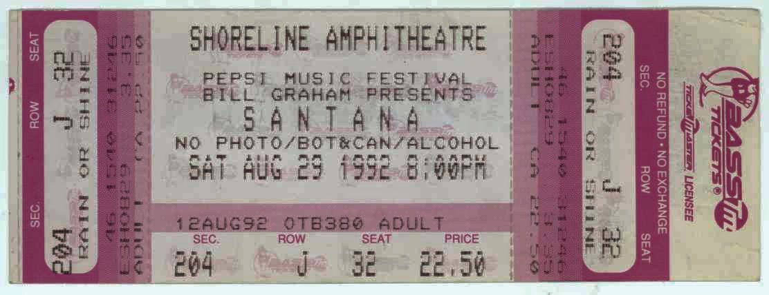 Ticket for 1992-08-29 at Shoreline Amphitheatre