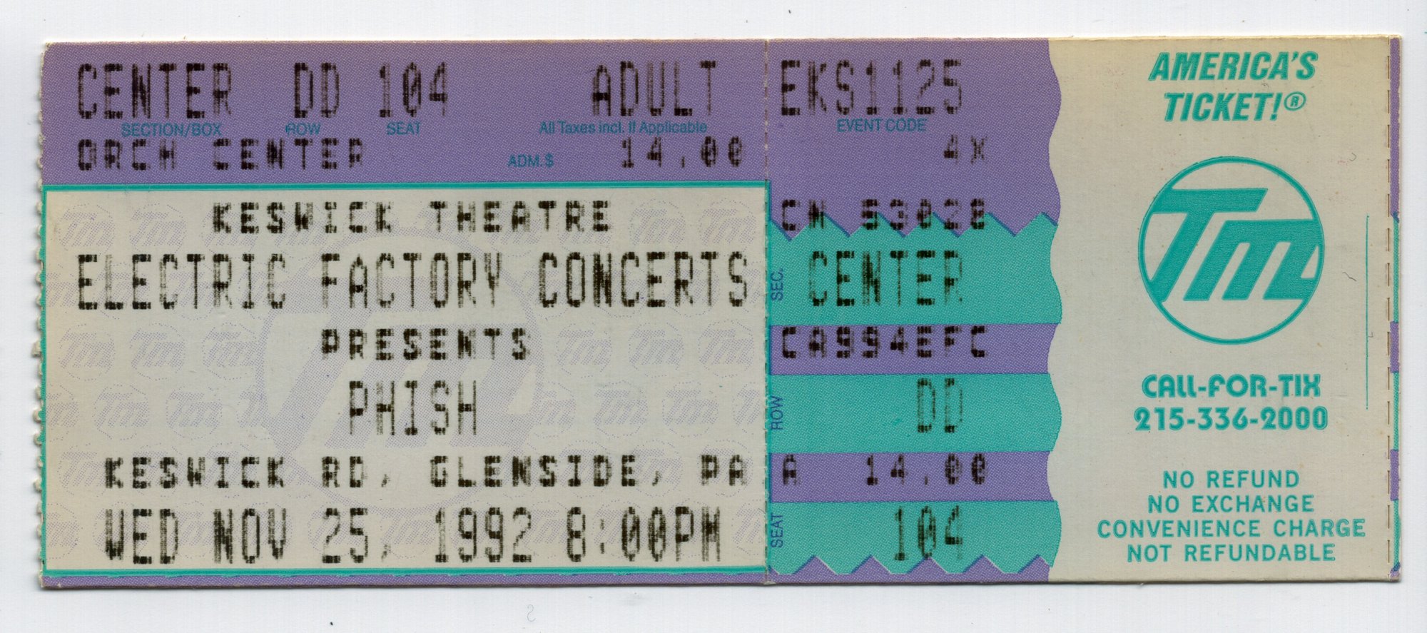 Ticket for 1992-11-25 at Keswick Theatre
