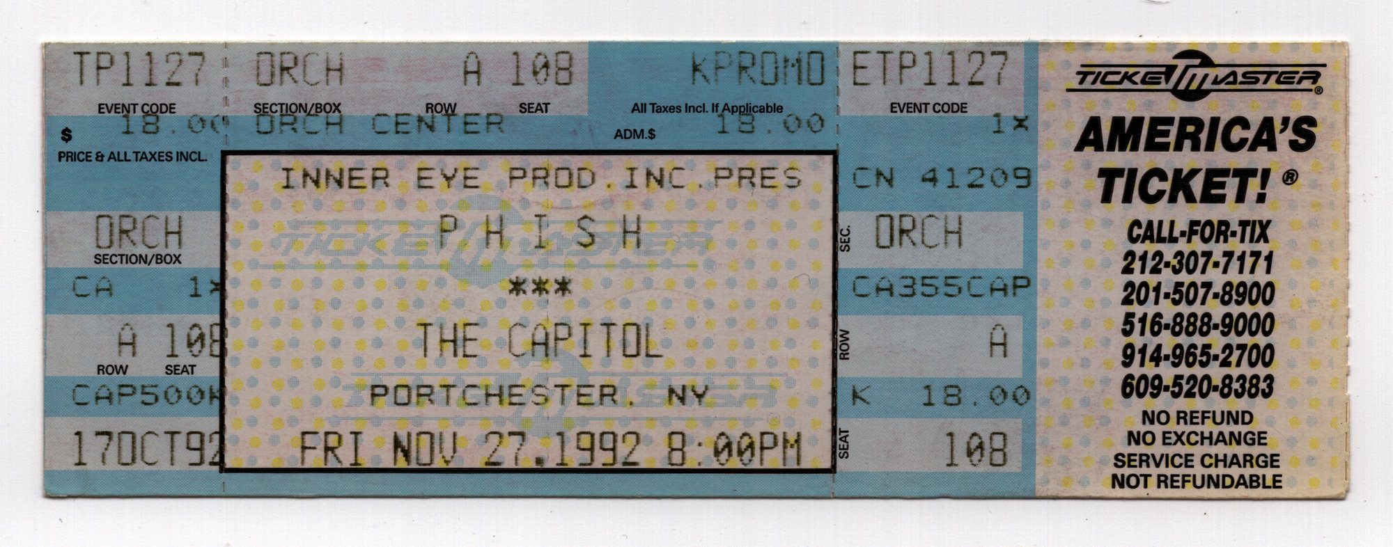 Ticket for 1992-11-27 at The Capitol Theatre