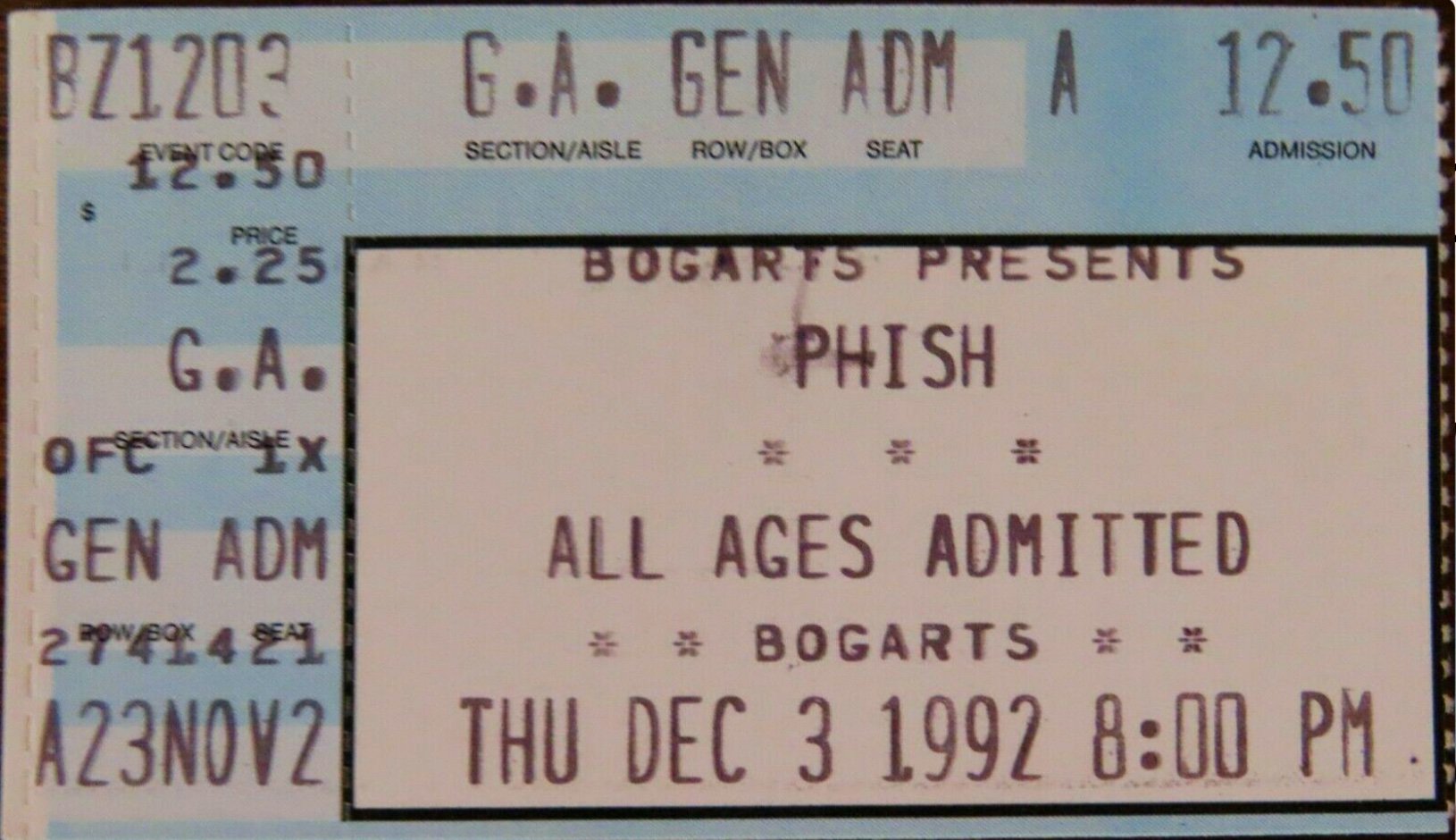 Ticket for 1992-12-03 at Bogart's