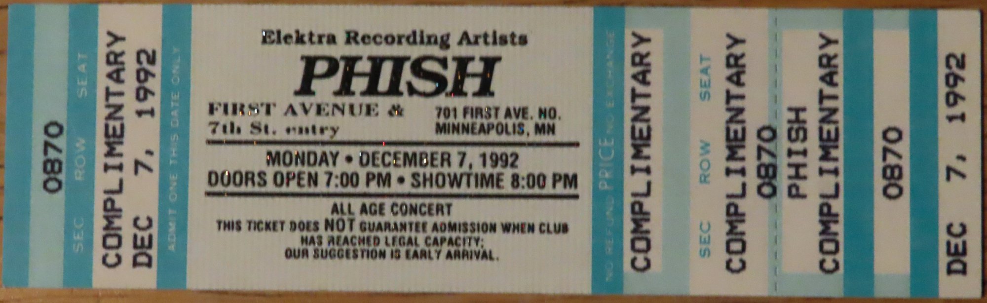 Ticket for 1992-12-07 at First Avenue