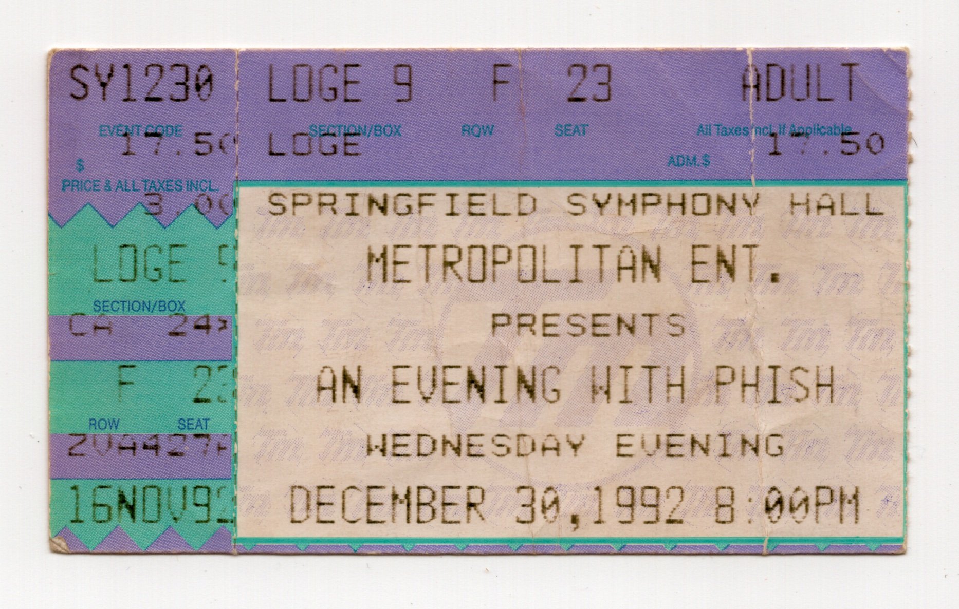 Ticket for 1992-12-30 at Symphony Hall