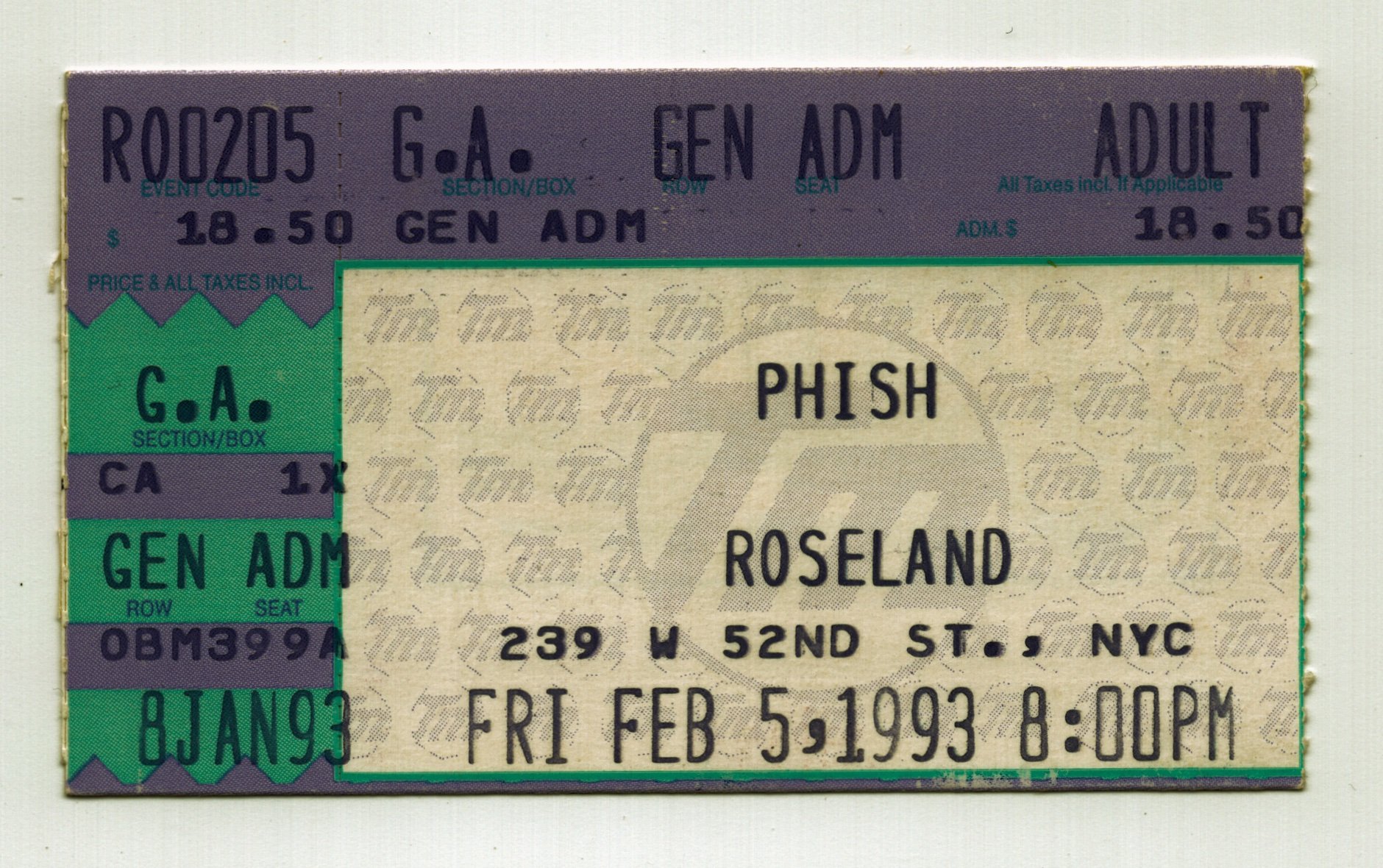 Ticket for 1993-02-05 at Roseland Ballroom