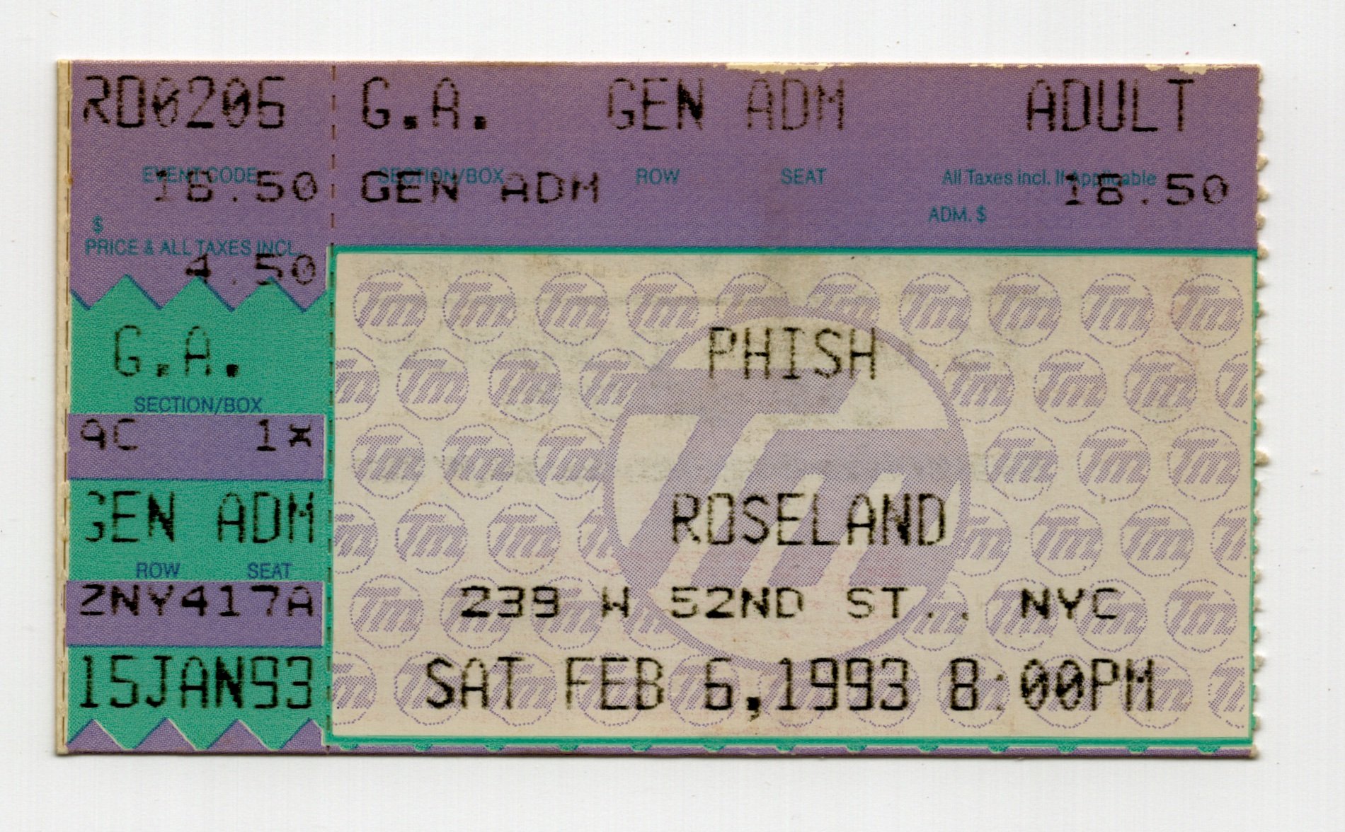 Ticket for 1993-02-06 at Roseland Ballroom