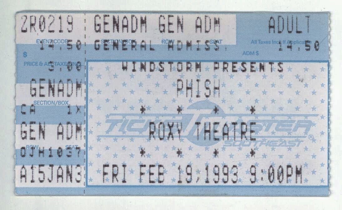 Ticket for 1993-02-19 at Roxy Theatre