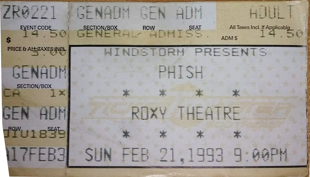 Ticket for 1993-02-21 at Roxy Theatre