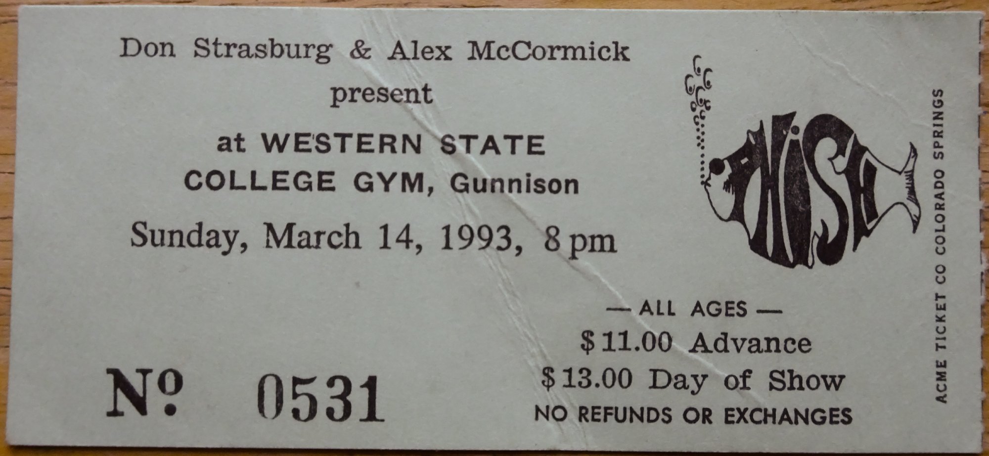 Ticket for 1993-03-14 at Paul Wright Gym
