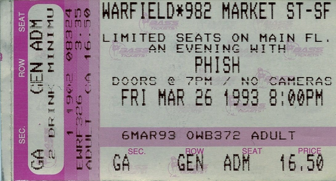 Ticket for 1993-03-26 at Warfield Theatre