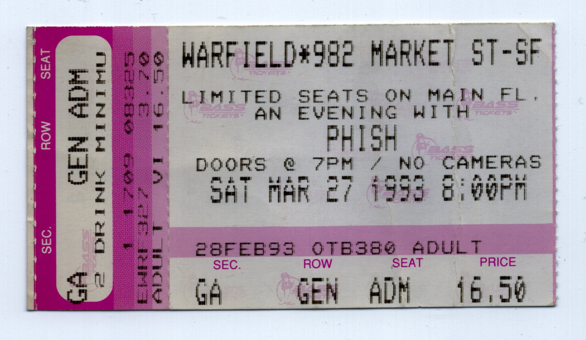 Ticket for 1993-03-27 at Warfield Theatre