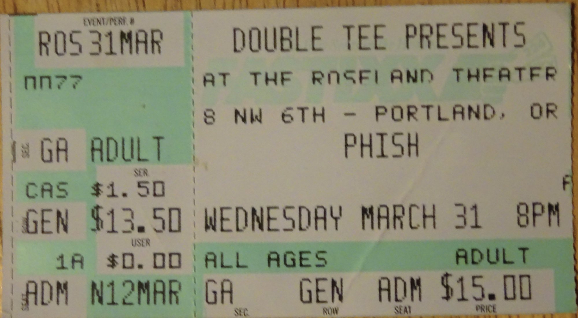 Ticket for 1993-03-31 at Roseland Theater