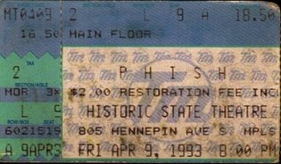 Ticket for 1993-04-09 at State Theatre