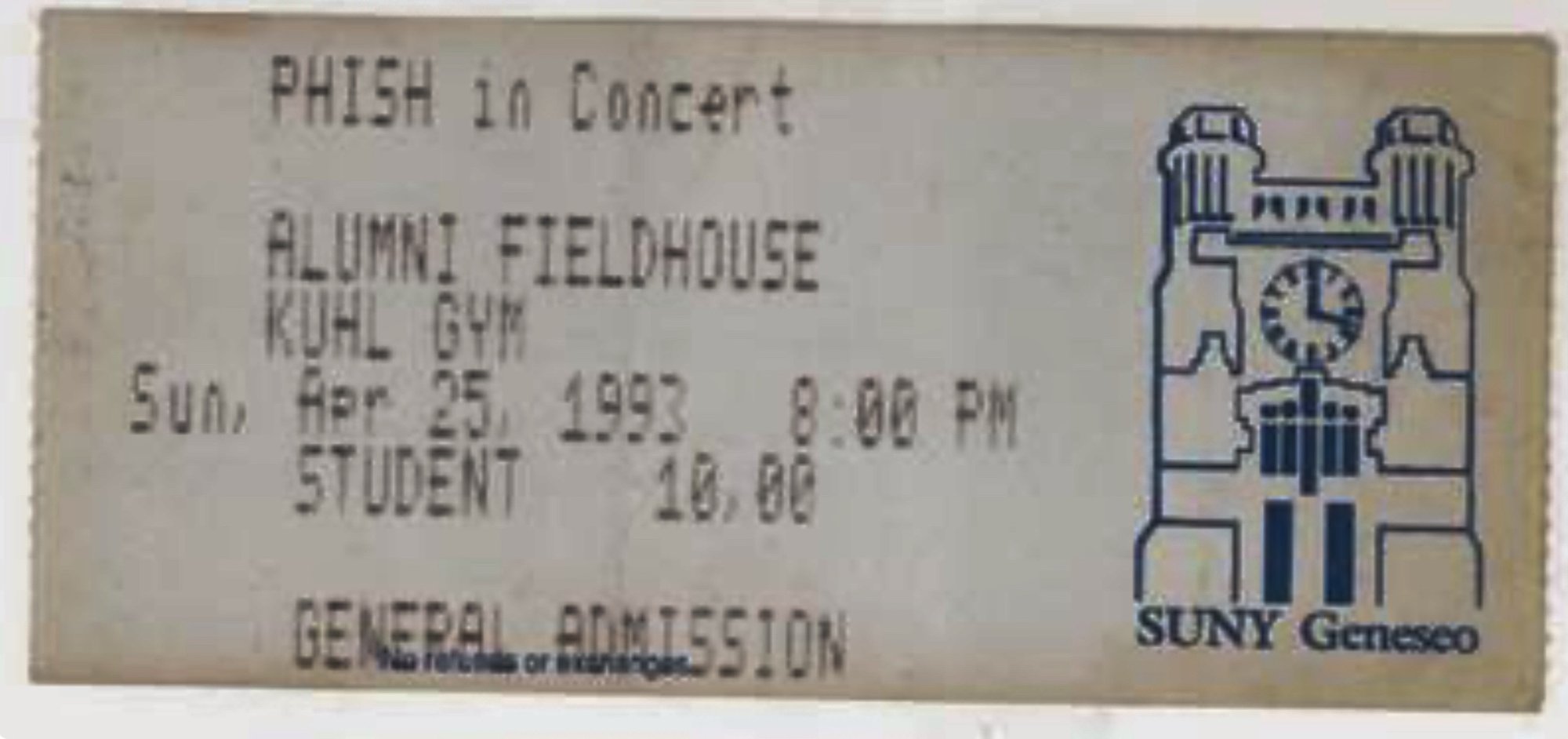 Ticket for 1993-04-25 at Kuhl Gym, SUNY