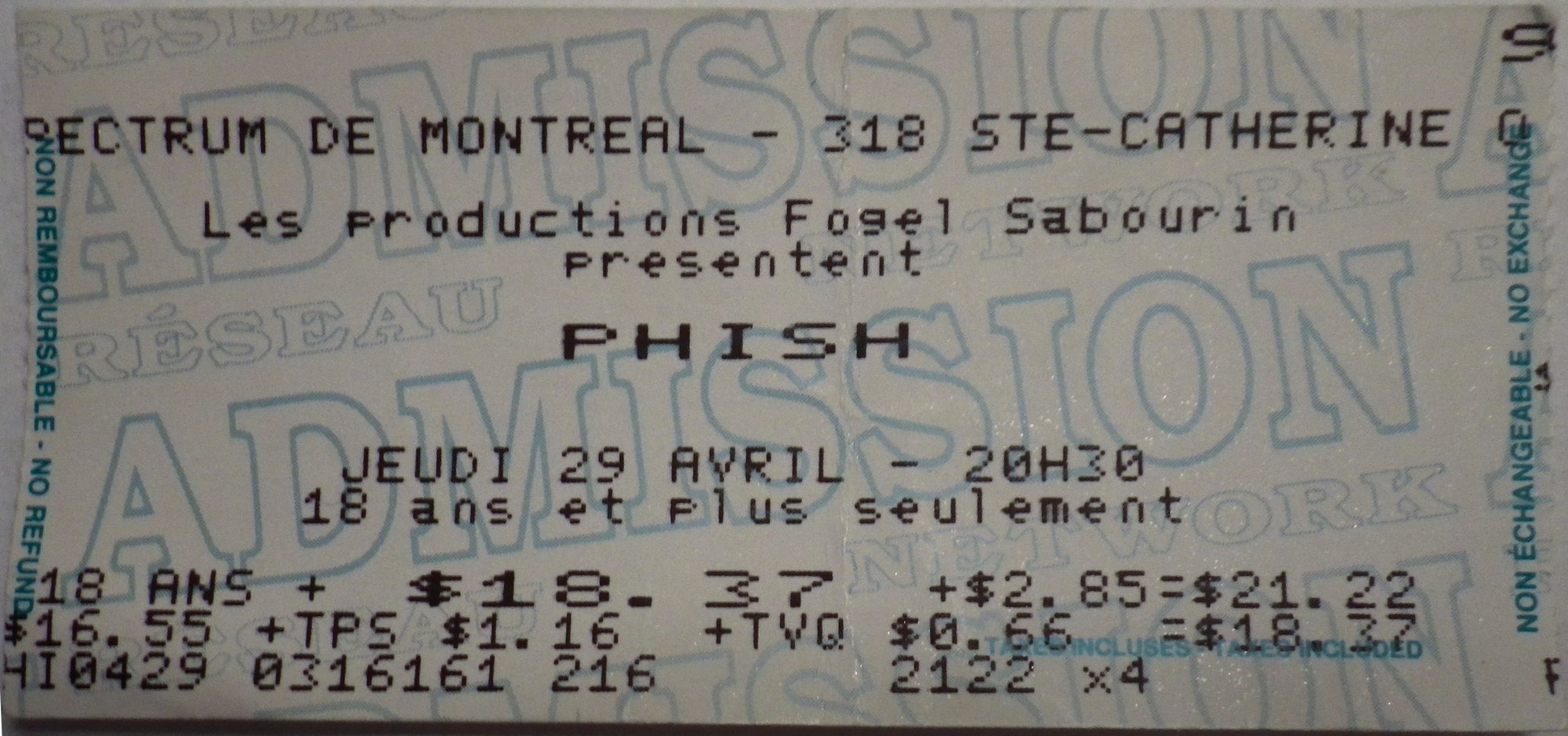 Ticket for 1993-04-29 at Le Spectrum