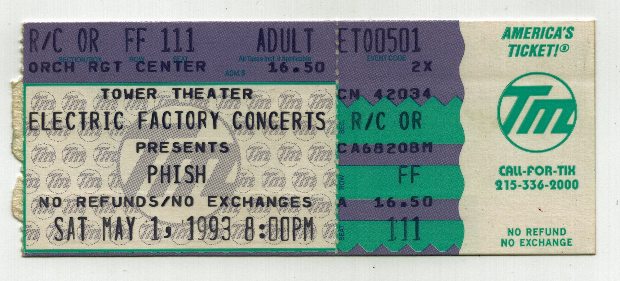 Ticket for 1993-05-01 at Tower Theatre