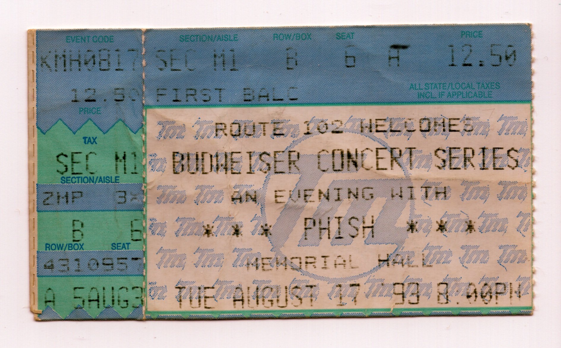 Ticket for 1993-08-17 at Memorial Hall