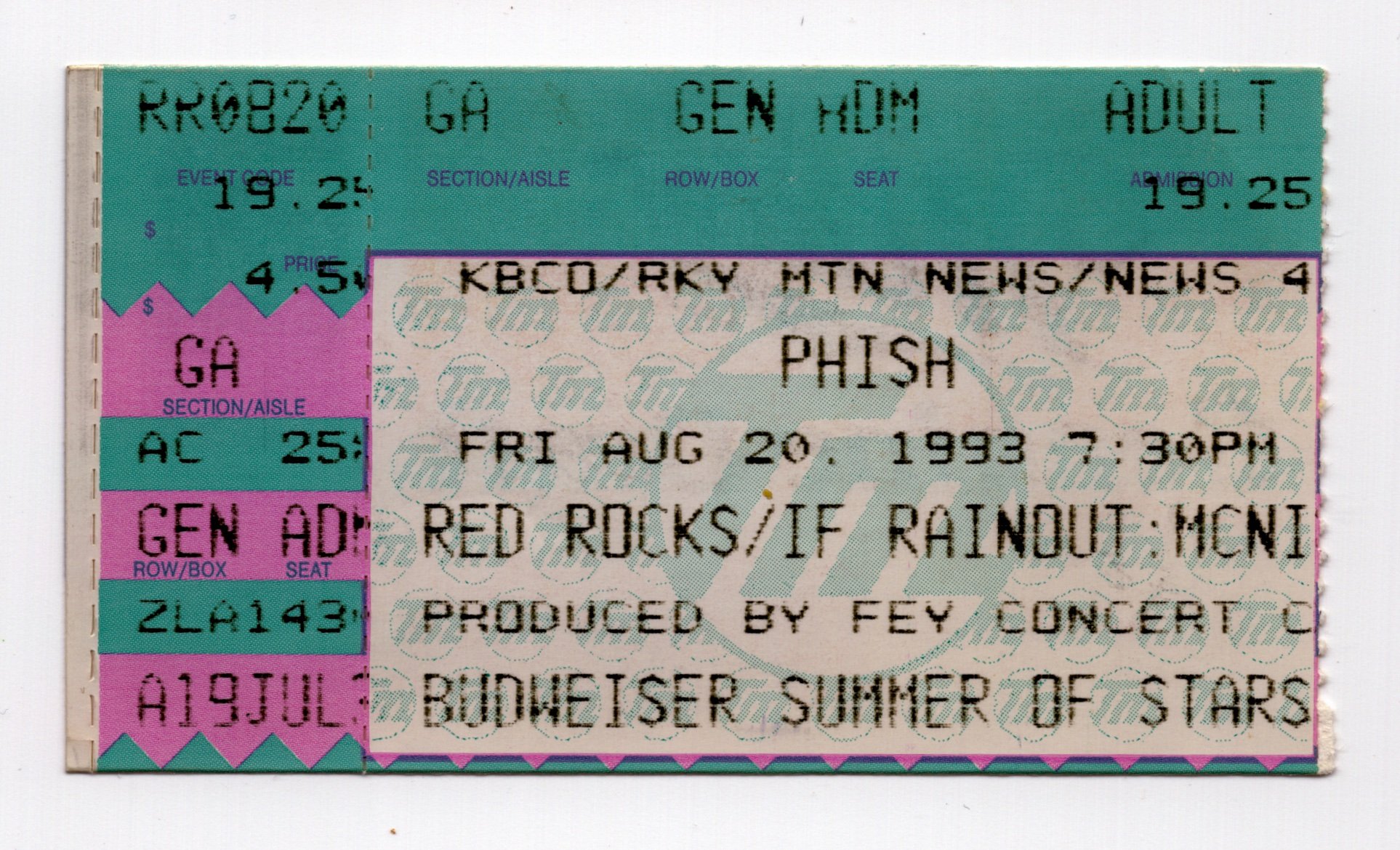 Ticket for 1993-08-20 at Red Rocks Amphitheatre