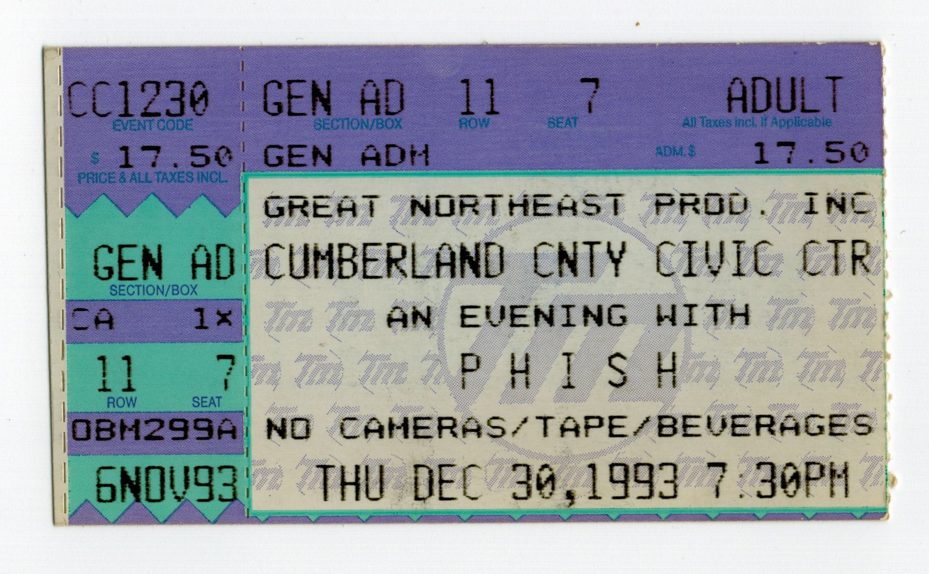 Ticket for 1993-12-30 at Cumberland County Civic Center